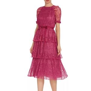 ML Monique Lhuillier Tiered Lace Midi Dress